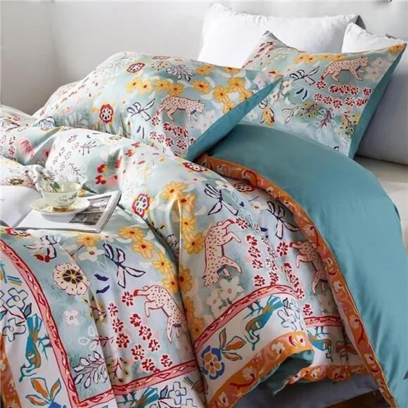 NEW Anthro Blue Jungle Multicolor Boho Queen / King Bedding Duvet & Sham Case - Picture 2 of 16